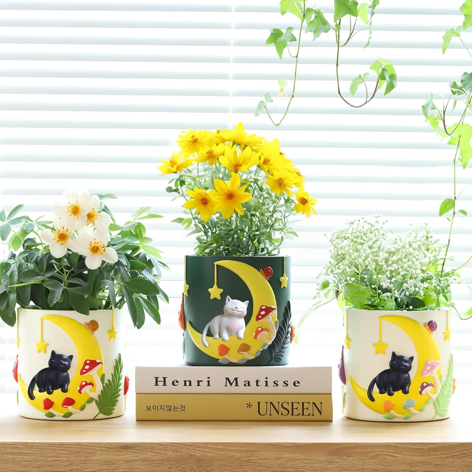 AmiCera Cute Moon Cat Flower Pots, Rainbow Unique Plant Pot with Drainage - Image 4