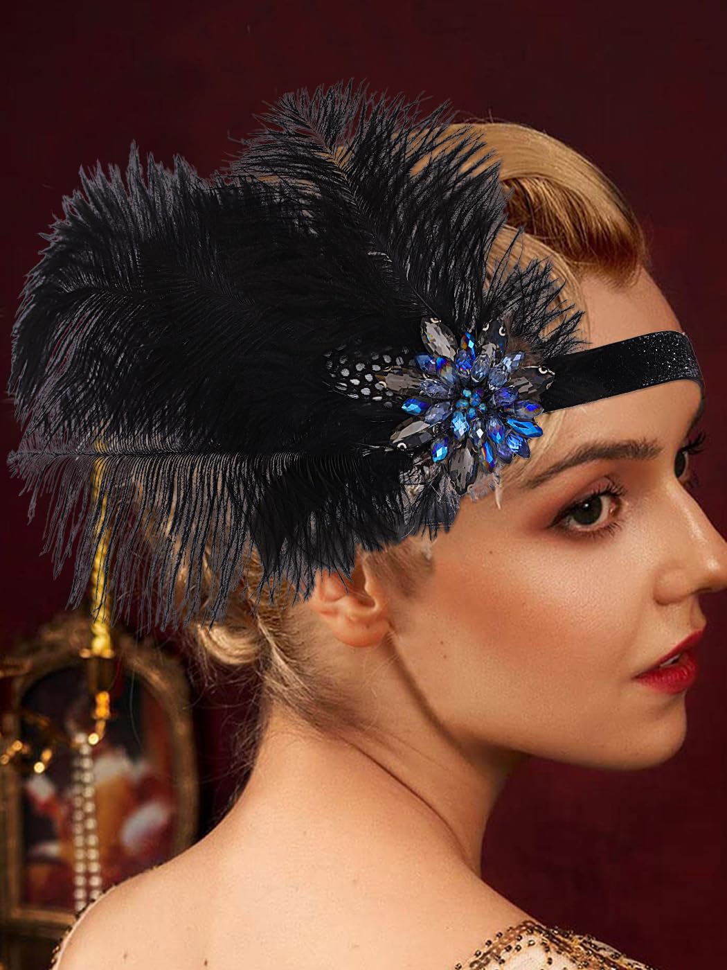 IYOU the Great Gatsby Headpiece Black Crystal Feather Flapper Heabands Wave Point Prom Party 20s Hair Accessories for Women - Image 3