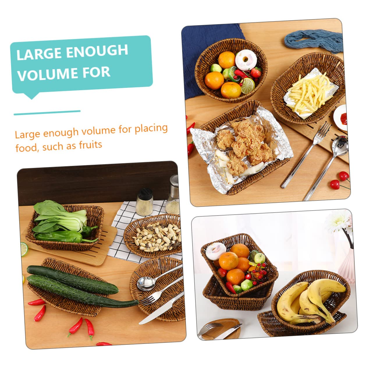 HOMOCONO Storage Basket Wire Vegetable Basket Square Tray Simulated Rattan Baskets Wicker Basket Countertop Fruit Holder Fruit Holder Bowl Basket Woven Wicker Tray Brown Plastic re-usable