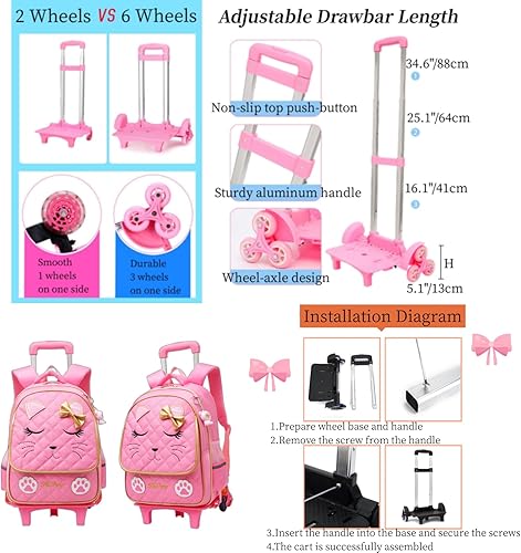 Miniatura 3 de MITOWERMI Mochila con ruedas para niñas, mochila escolar con cara de gato, mochilas con ruedas, equipaje de viaje de mano, A-2 Ruedas