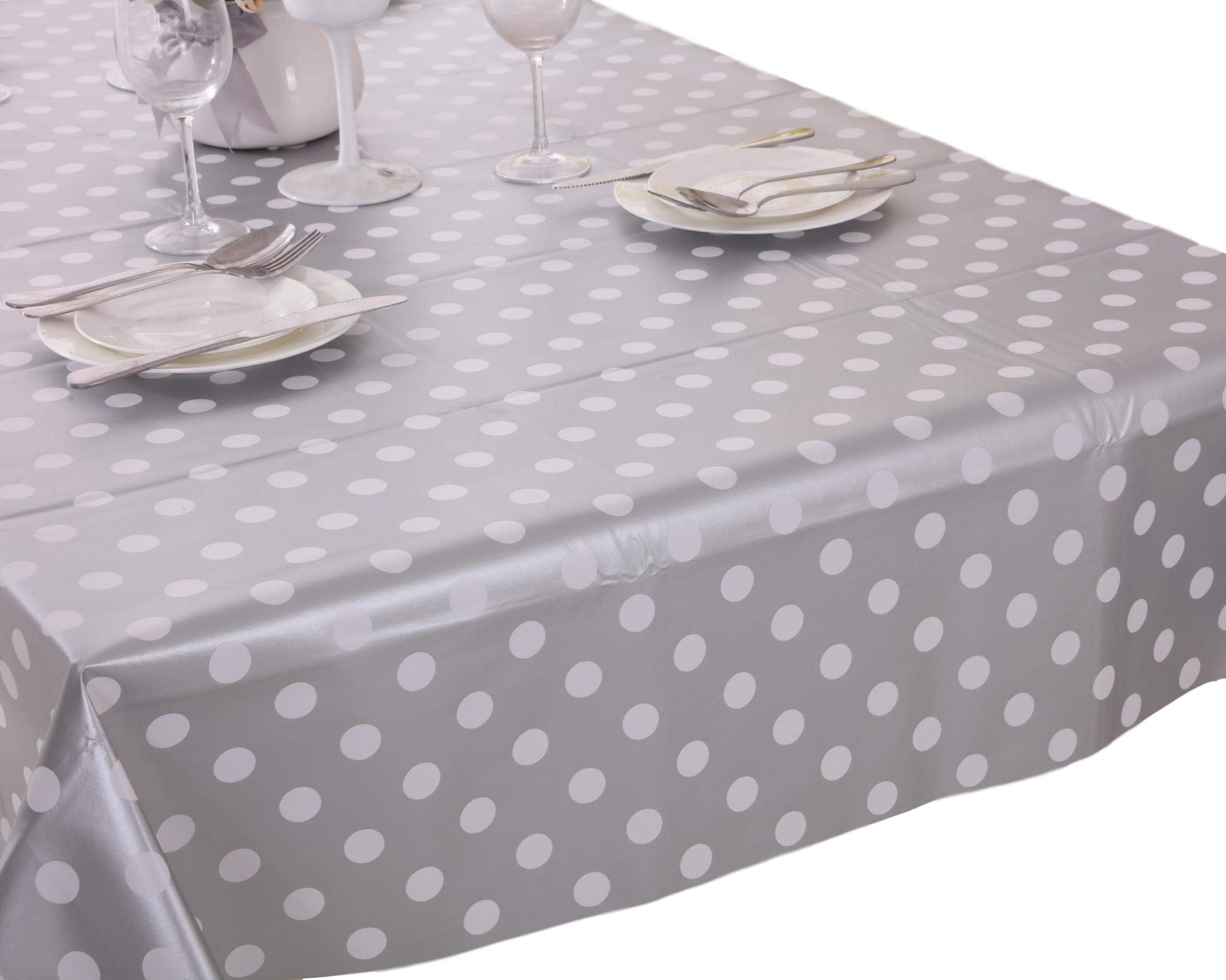 Vinylla Polka Dot Silver Easy Wipe Clean PVC Tablecloth, Round(Dia.160cm)