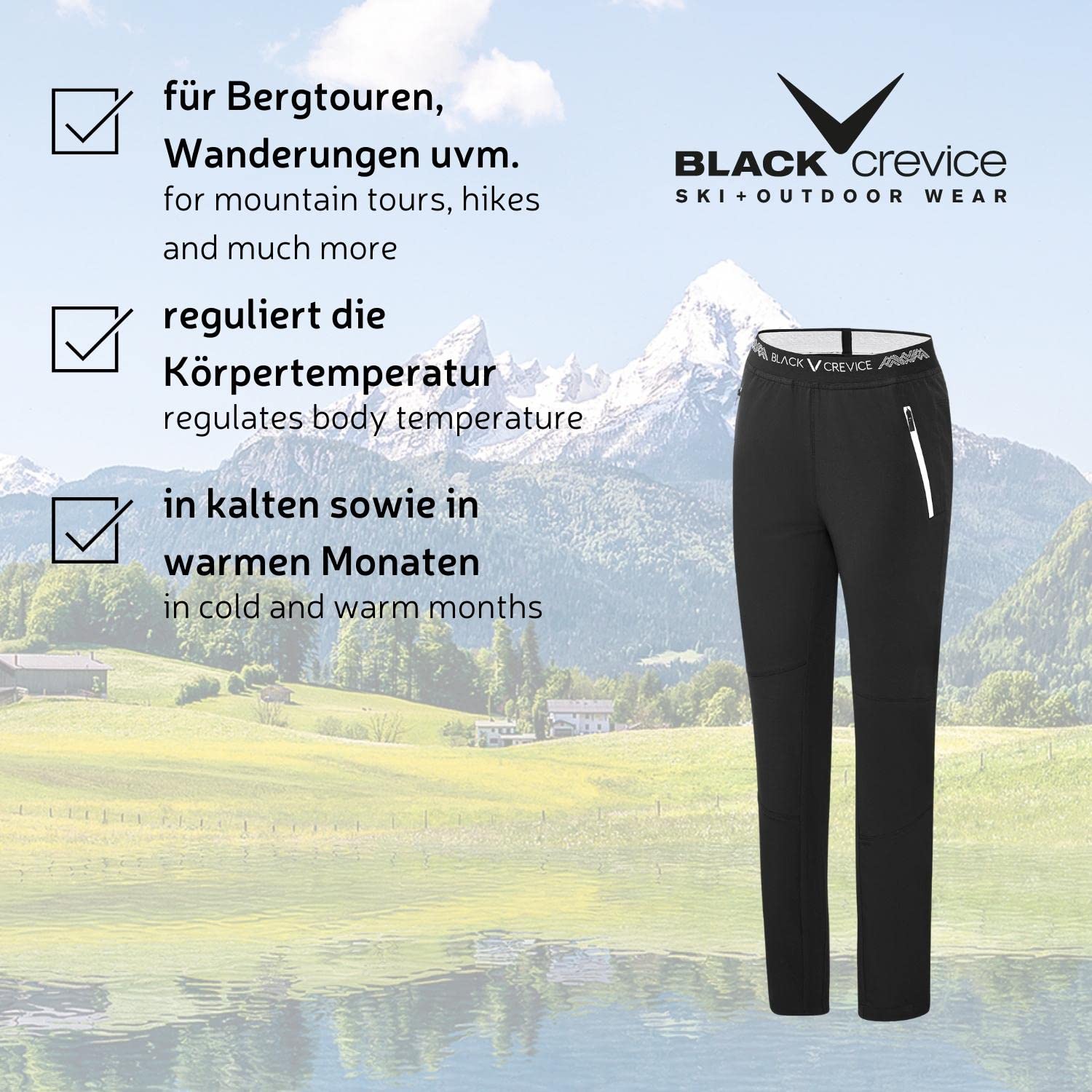 Black Crevice Damen Outdoor Hose I Hochwertige Wanderhose aus 90% Polyester & 10% Spandex I Wasserabweisende Outdoorhose Damen I Atmungsaktive Trekking-Hose Damen mit elastischem Bund