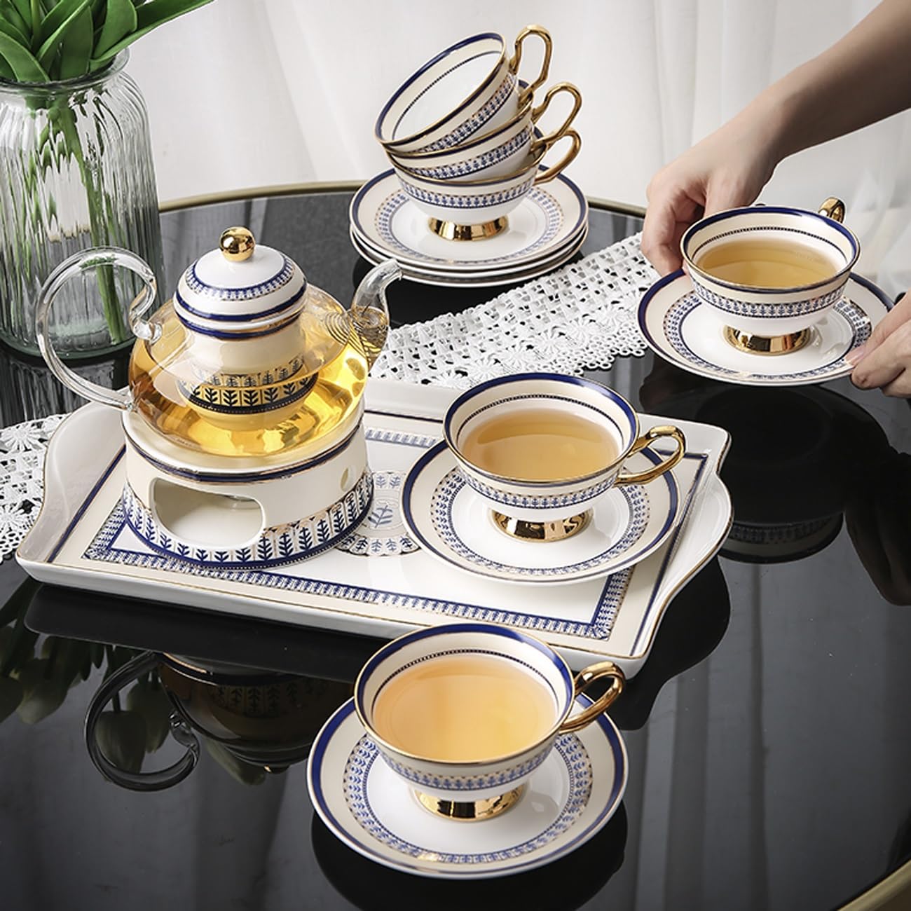 Zestaw Do Herbaty Z Porcelany Kostnej Z Metalowym Uchwytem, Lekki, Luksusowy Podwieczorek, Herbata Owocowa, Herbaty Kwiatowe, Zestawy Ze Szklanym Czajniczkiem I Podgrzewa