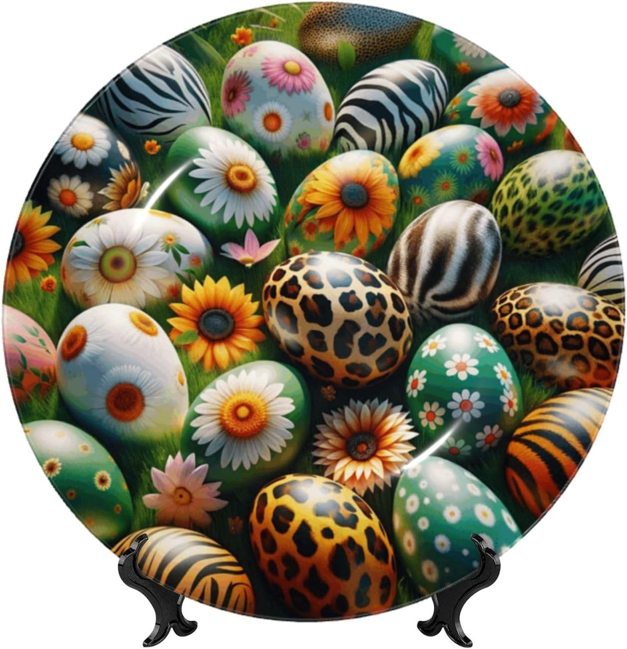 Easter-Eggs-Floral-Animal 10 Inch Decorative Plate With Stand, Elegant Display Wall Plate For Home Decor
