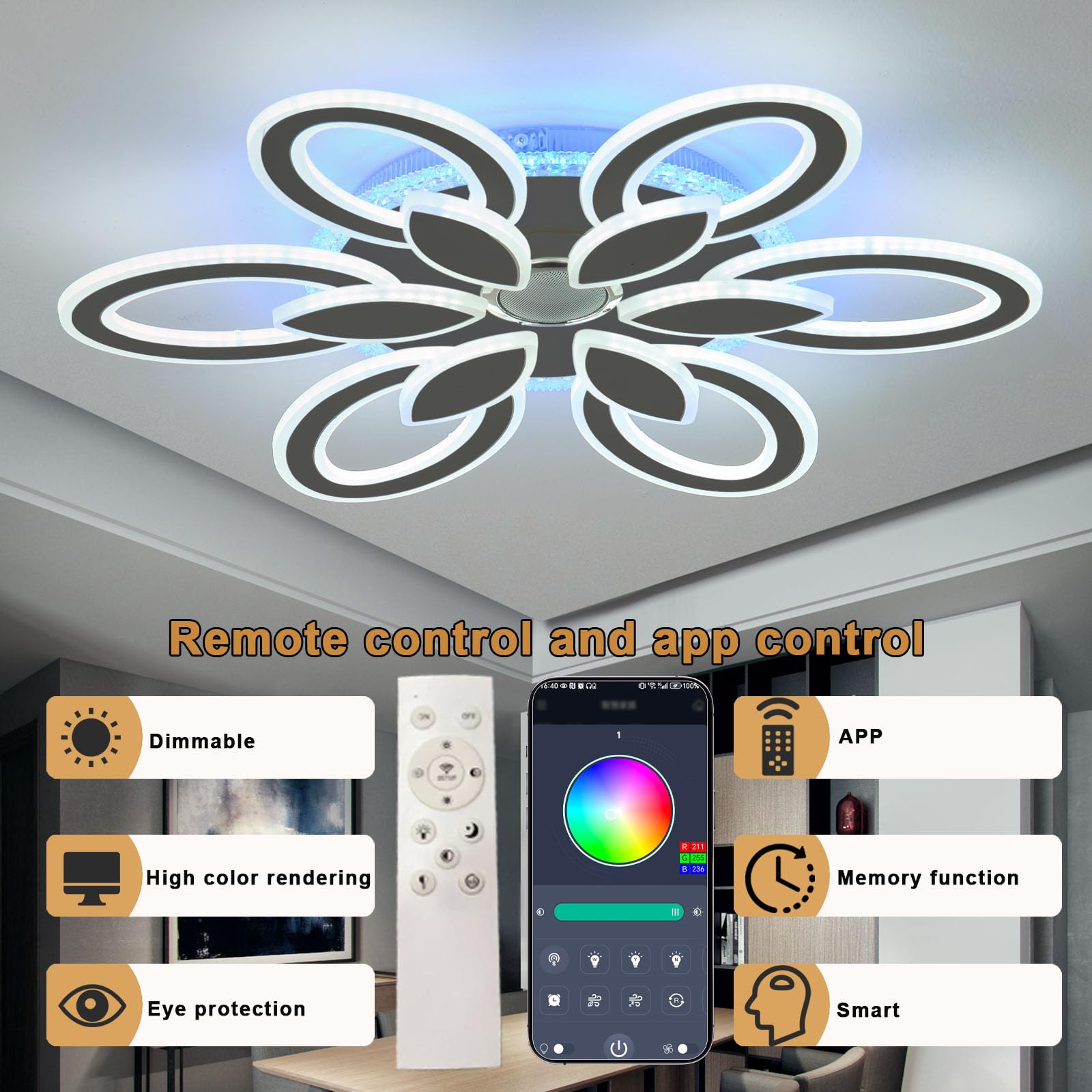 Intelligente Plafoniera Dimmerabile Bluetooth Lampadario,Funzione Di Memoria con Elevata Resa Cromatica Moderno e Senza Sfarfallio Luce Notturna Ceiling Light,per Soggiorno e Camera Da Letto,Nero