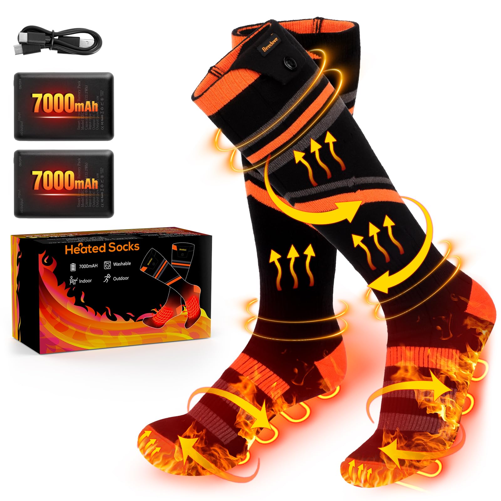 Chauffage Pieds Hiver Chaussettes Chauffantes Rechargeables - 2x5000 MAh - 3 Niveaux De Chaleur - Pour Ski, Randonnée, Froid Hivernal - Homme/Femme Cadeau Hiver Pratique