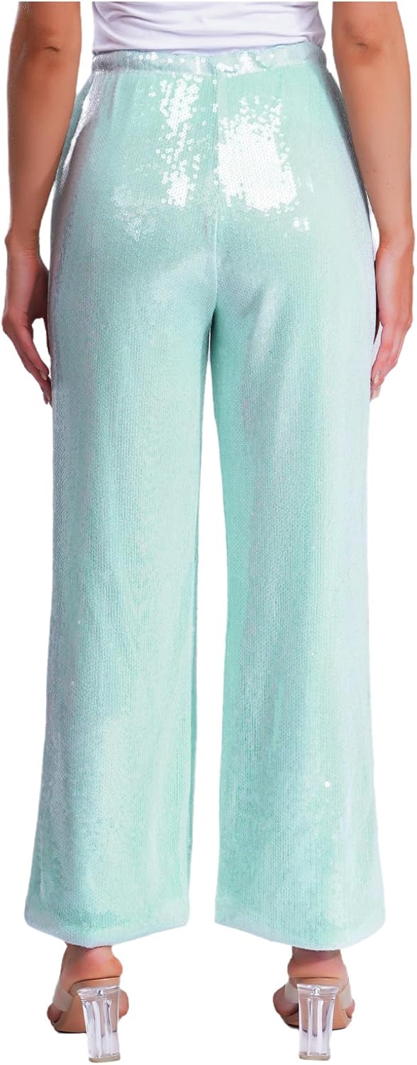 Choomomo Womens Sparkly Sequin Pants High Waist Wide Leg Trousers Elastic Loose Fit Shiny Dance Pants