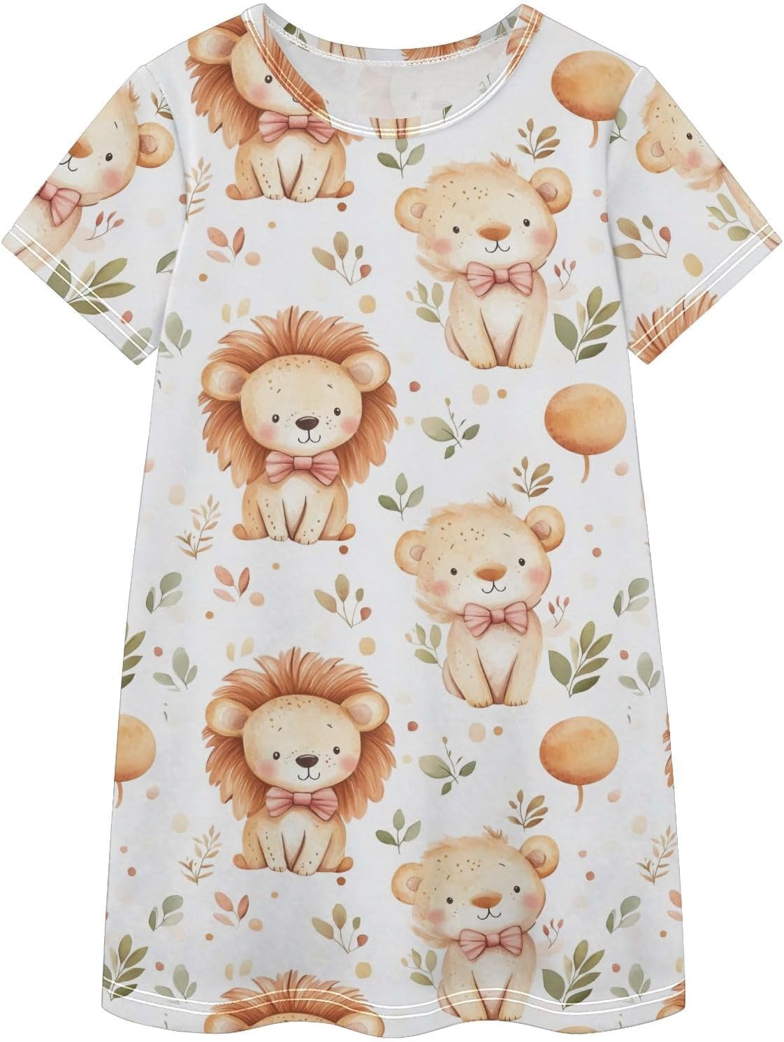 Lion and Bow Girls Dresses Summer Dresses for Girls with Cotton Short Sleeves for Casual a Line Dress Size 2-8Y