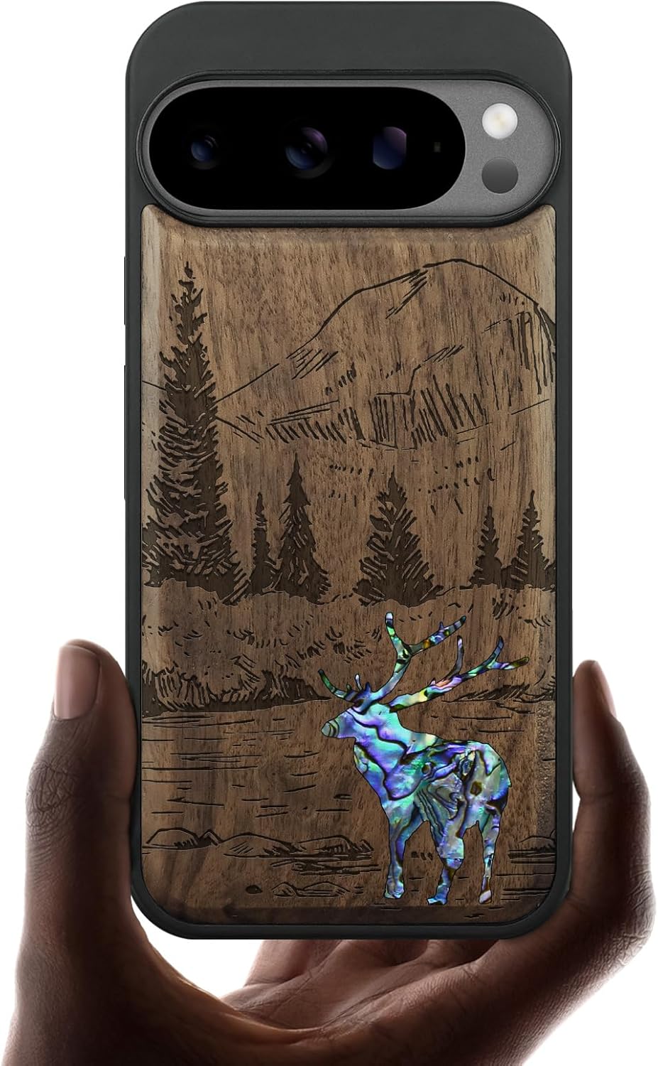Carveit Magnetic Wooden Case for Pixel 10 / Pixel 10 Pro Case, Wood Artisan Engraved & Handmade Shell Inlaid, Compatible with MagSafe Wireless Chargers, Forest Deer - Walnut