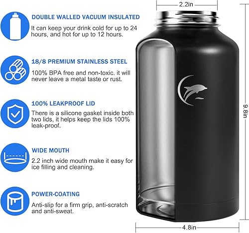 Miniatura 2 de Botella de agua aislada de 64 onzas, botella de agua de acero inoxidable al vacío con tapas de popote y tapas de boquilla, mango de paracaídas,