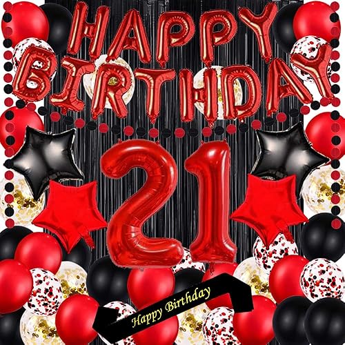 Rojo 21st cumpleaños decoración suministros tema rojo 16.0in hoja roja feliz cumpleaños globos bandera feliz cumpleaños faja hoja negro cortinas Rojo 21st cumpleaños decoración suministros tema rojo 16.0in hoja roja feliz cumpleaños globos bandera feliz cumpleaños faja hoja negro cortinas