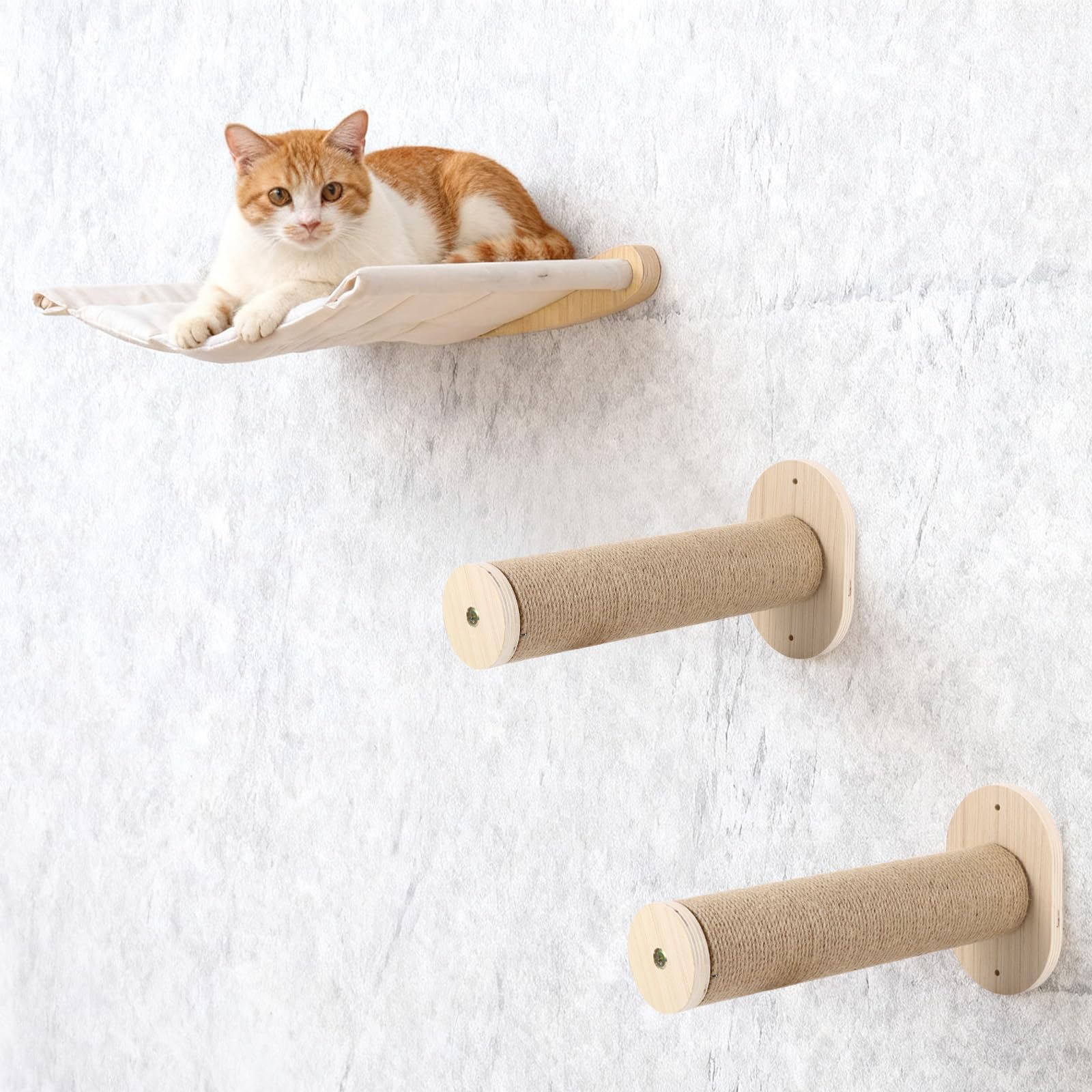 Cat Wall Bed with Two Steps Set,Cat Wall Furniture Cats Love, Comfort Safety, Materials Cats Wall Shelves Natural Materials Secure Installation with Hammocks and Ladders for Climbing Sleeping Playing
