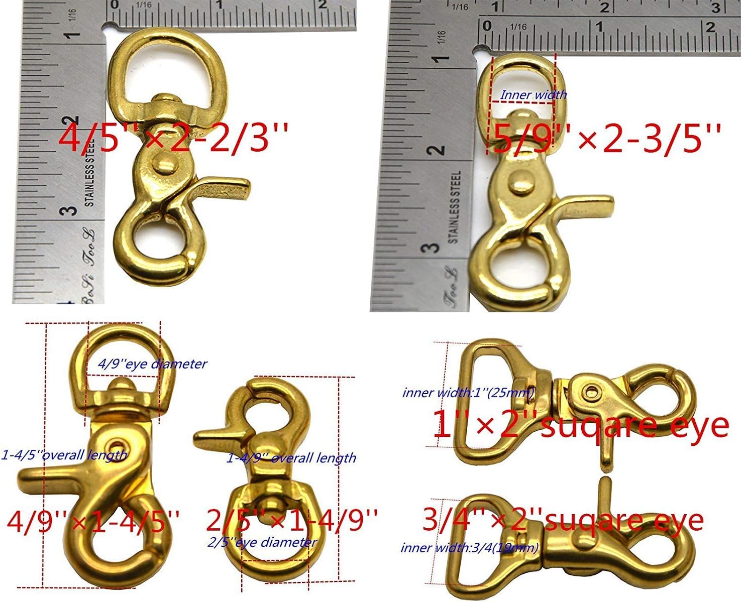 Okones Pack of 4,1''(25mm) Inner Width,2'' Overall Length,Finish Surface Square Solid Brass Lobster Clasps Oval Swivel Trigger Clips Hooks(1''2''length Square) image 3