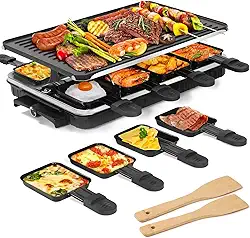 Grelha elétrica interna 2 em 1 + 8 formas de queijo raclette e 2 espátulas de madeira, controle de temperatura ajustável, churrasqueira antiaderente, para família e festa
