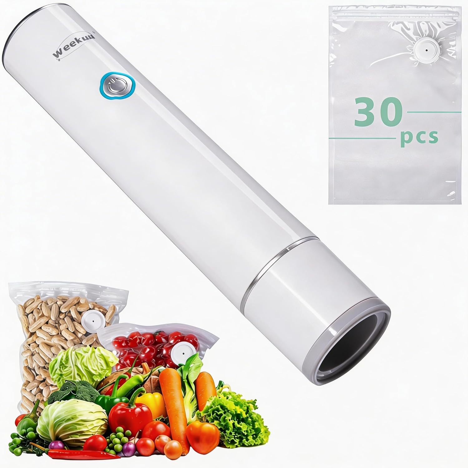 Handheld Vacuum Sealer for Food Storage – Portable & Rechargeable, Easy One-Hand Automatic Operation, 1 Vacuum Sealer + 30 Food Reusable Bags (50 Bags Optional)