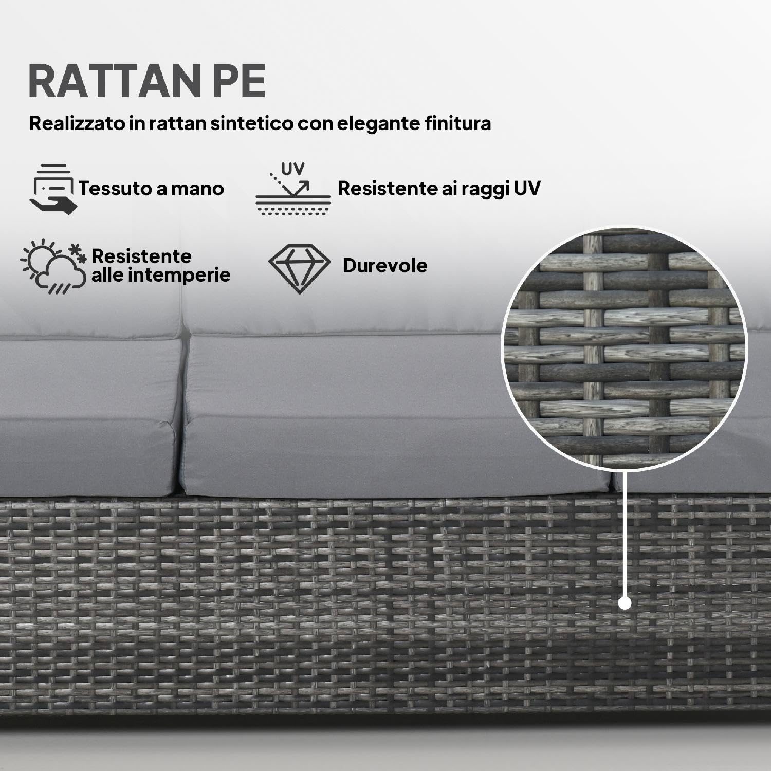 Divano da Giardino Esterno 3 Posti in Rattan PE e Metallo con Cuscini Imbottiti 185x70x80 cm colore Grigio