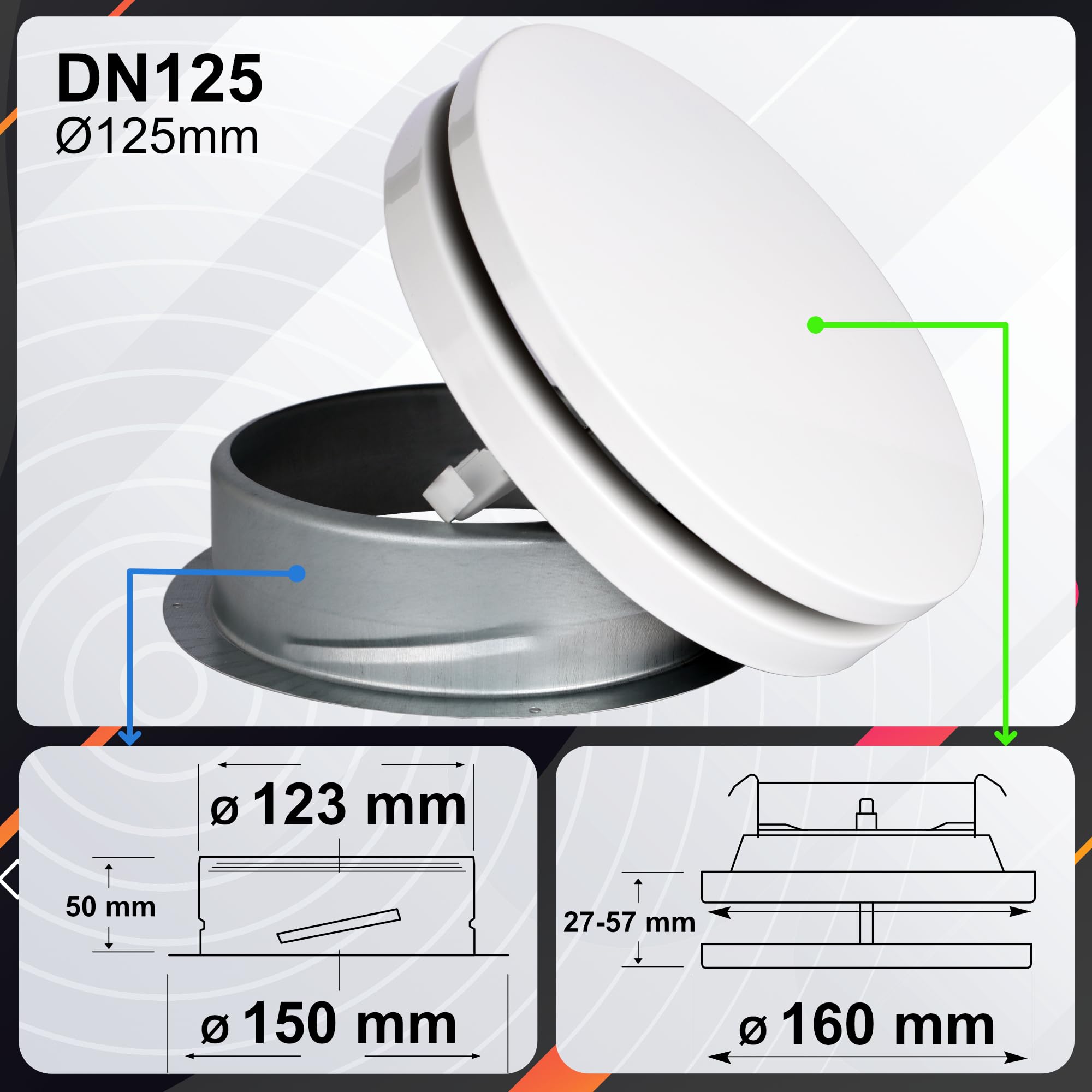 Ø80 Ø100 Ø125 Ø160 mm – DOMUX Bouche VMC 2 en 1 Extraction et Insufflation Design Premium – Acier Blanc Laqué Réglable Silencieux – Salon Chambre Bureau – Garantie 5 Ans – Ø125 mm