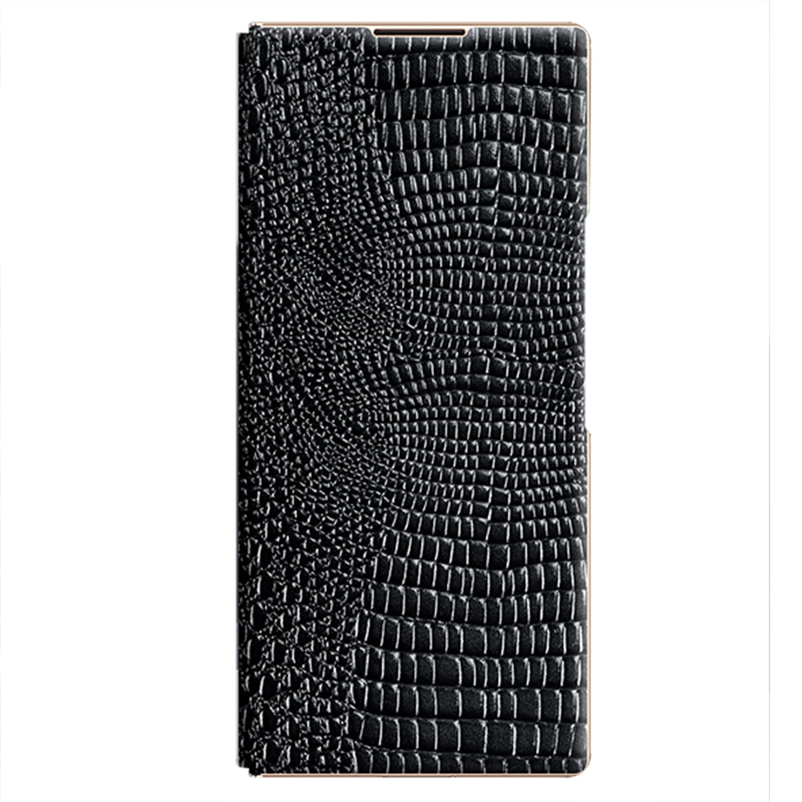 Funda Enchapada For Samsung Galaxy Z Fold 8 Ultra, Cuero Genuino Textura De Cocodrilo Cubierta De Borde Dorado Protección De La Cámara Forro De Fibra con Tapa Carcasa Antirrayas(Black)