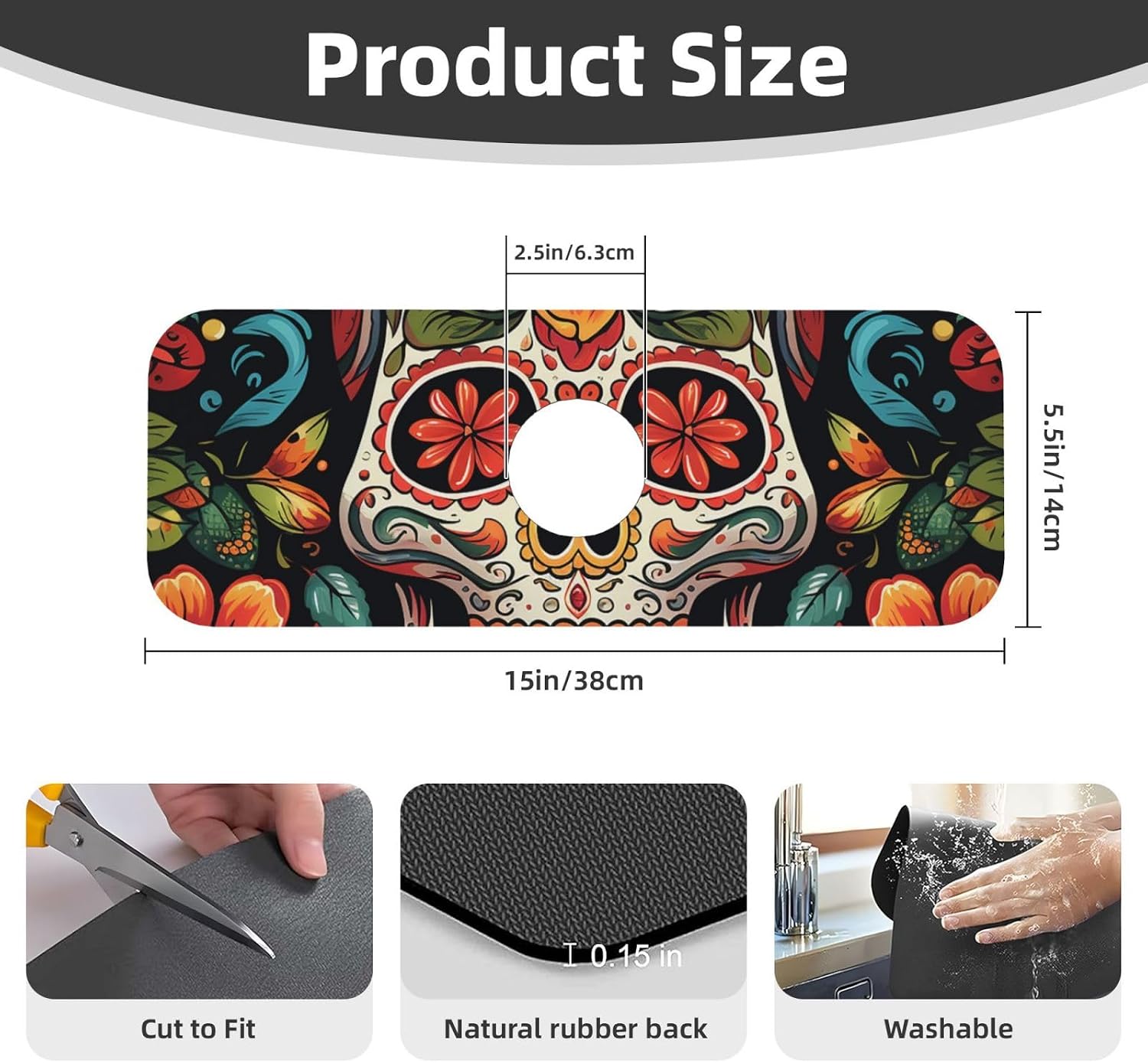 Splash Guard Mat For Kitchen Sink , Super Absorbent Fast Drying Faucet Mat Colorful Sugar Skull Draining Mats Sink Gadgets Behind Faucet Sinkmat For Kitchen Bathroom 15"X5.5" image 2