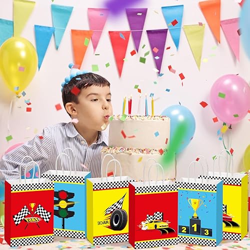 Miniatura 4 de Outus 24 bolsas de papel a cuadros para recuerdos de fiesta de coches de carreras, bolsas de regalo de autos de carreras, bolsas de regalo de coches