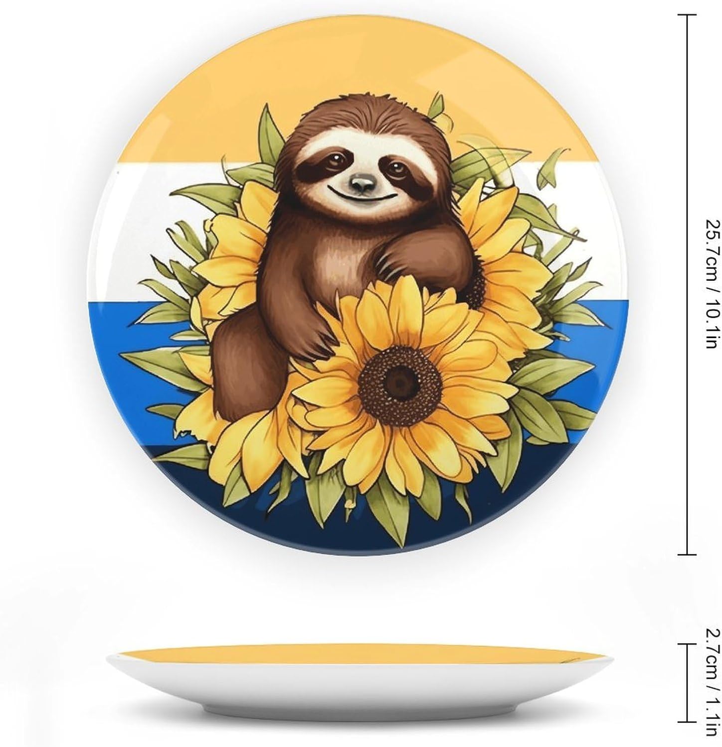 Cartoon Sloth Sitting on Sunflower Ceramic Plate 10inch Decorative Bone China Wall Hanging Ornament Plates Bohemian Style Dinner Plate with Display Stand Cabinet Display Plates for Home Art Decor