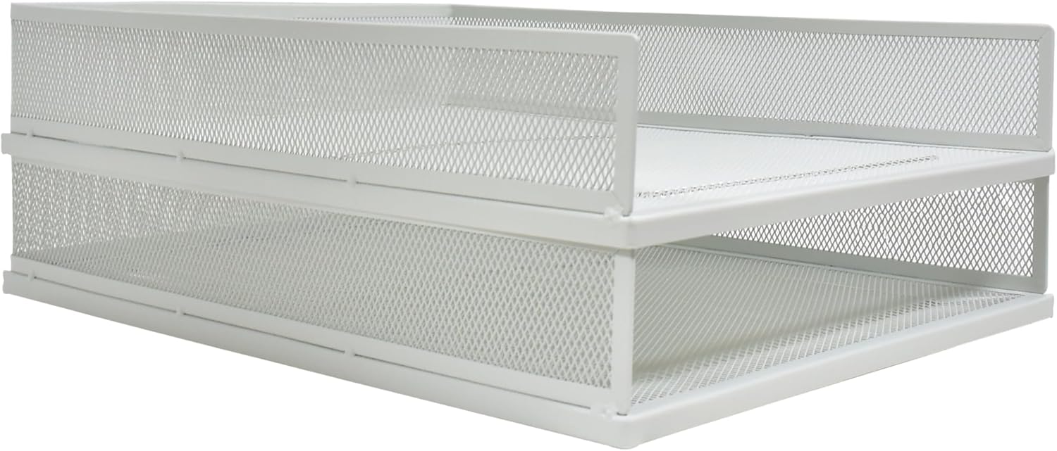 A3 Letter Case, Vertical & Horizontal, Deep, Mesh, Document Case, Desk Tray, 2 Tiers, Storage Rack, Office, Living Room Storage, Organization, Small Storage, Stackable, Durable, Stylish, White