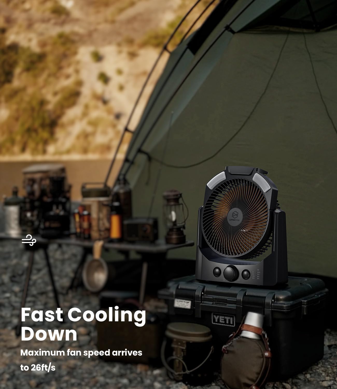 Camping Fan with LED Lantern, 8 Inch D-Cell Battery Operated Desk Fan with Timer, High Velocity Stepless Speed Control, Quiet,SOS Light, 180° Rotation USB Fan for Outdoor, Hurricane, Emergency