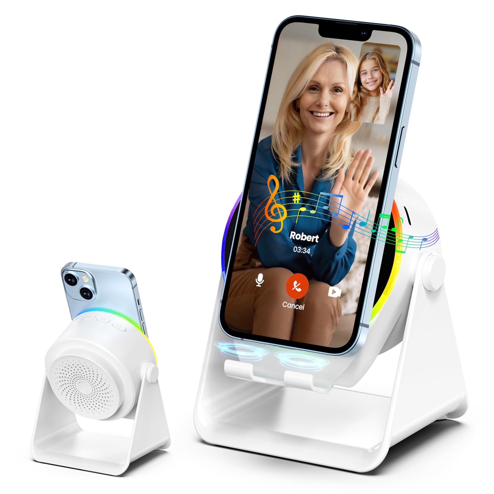 Dohelly Wireless Induction Audio Bluetooth Speaker, 4 in 1 Phone Stand Speakers Amplifier with Colorful Ambient Light,360° Adjustable Holder for