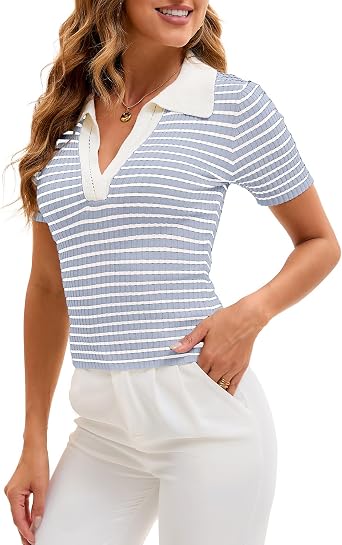 Cioatin Women Short Sleeve Striped Knit Polo Crop Shirt Tops Vintage Collar V Neck Slim Fit T-Shirt Aesthetic Going Out