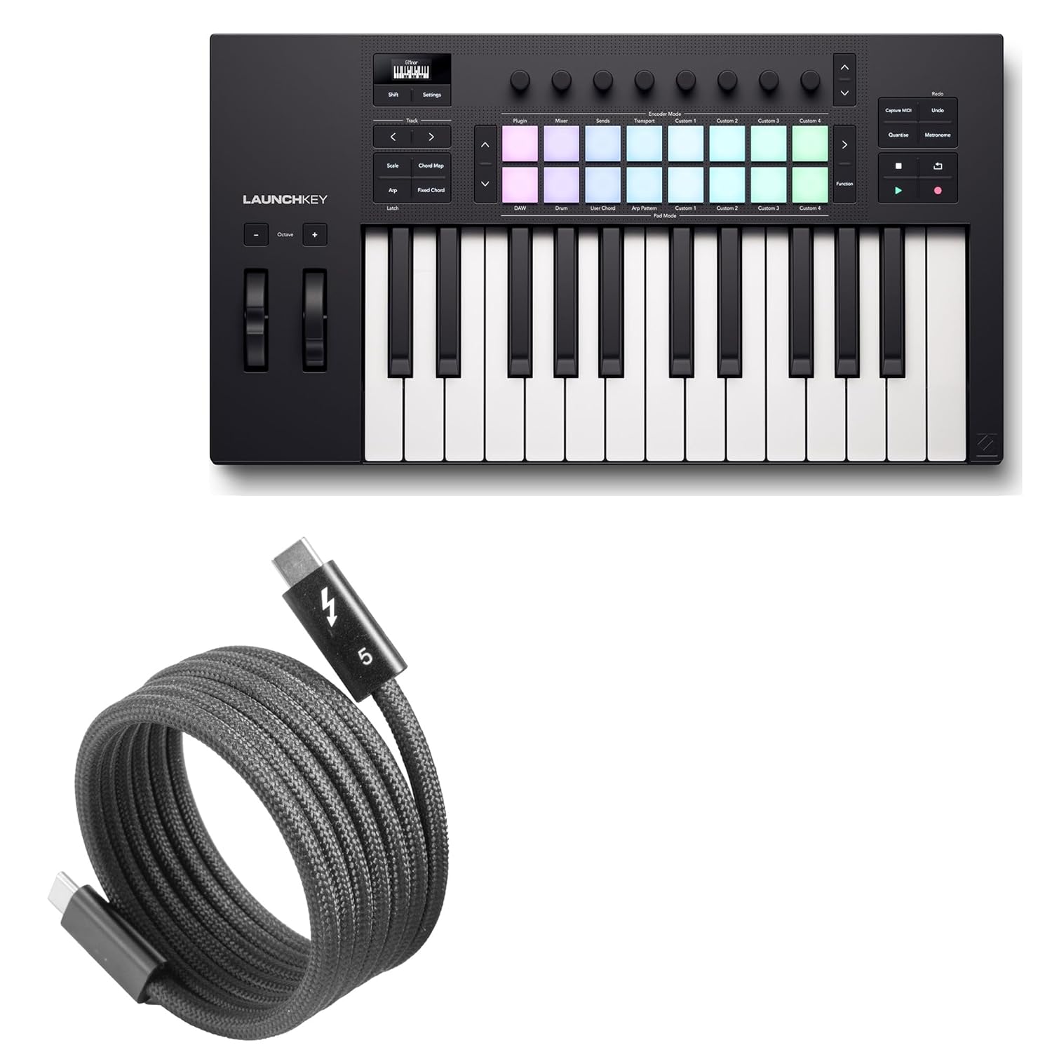 BoxWave Cable Compatible with Novation Launchkey MK4 25 - SnapWrap Thunderbolt 5.0 Cable (5ft 240W), Magnetic Self-Coiling Nylon Braided Retractable - Jet Black