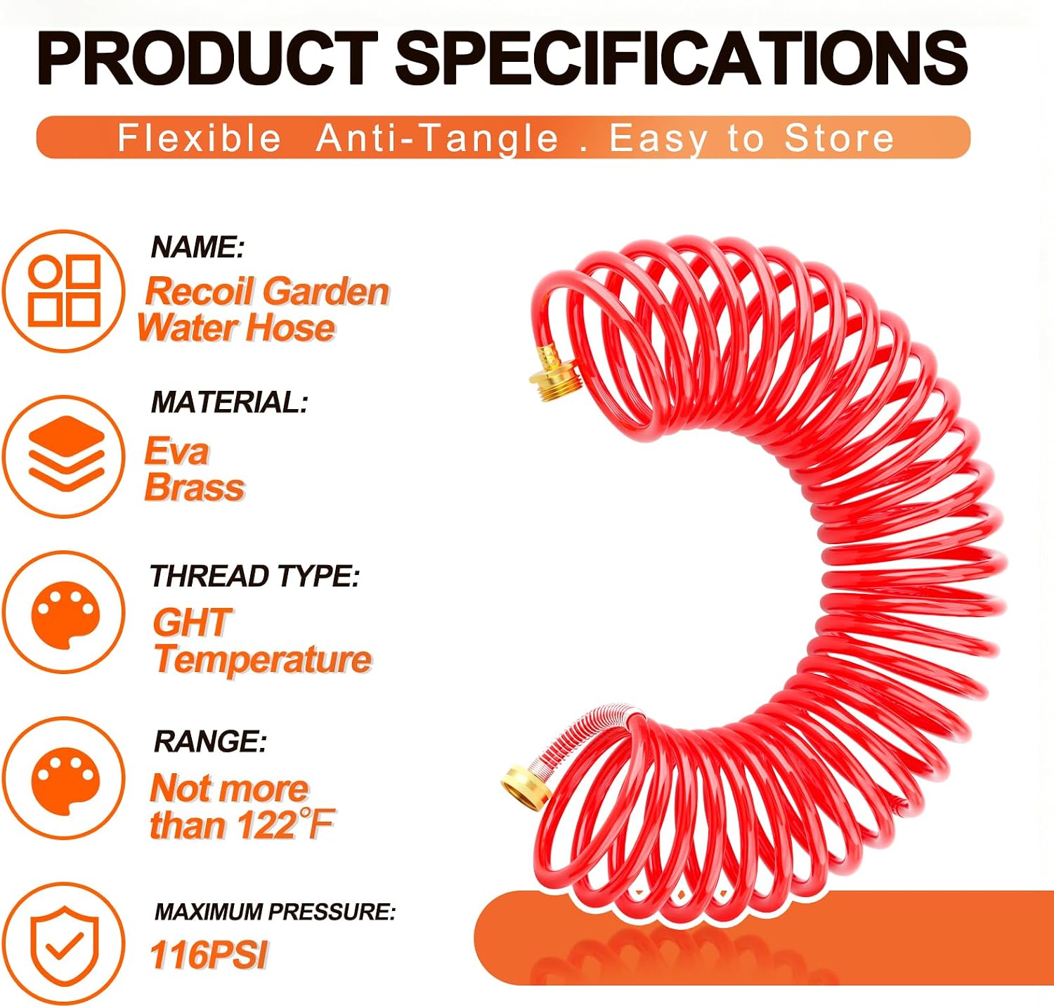 GASHER 15FT PU Recoil Garden Water Hose With 3/4"Inch Brass Fittings Retractable, Swivel Female For Boating, Pool & Spa, RV, Home And Garden(Red) image 3