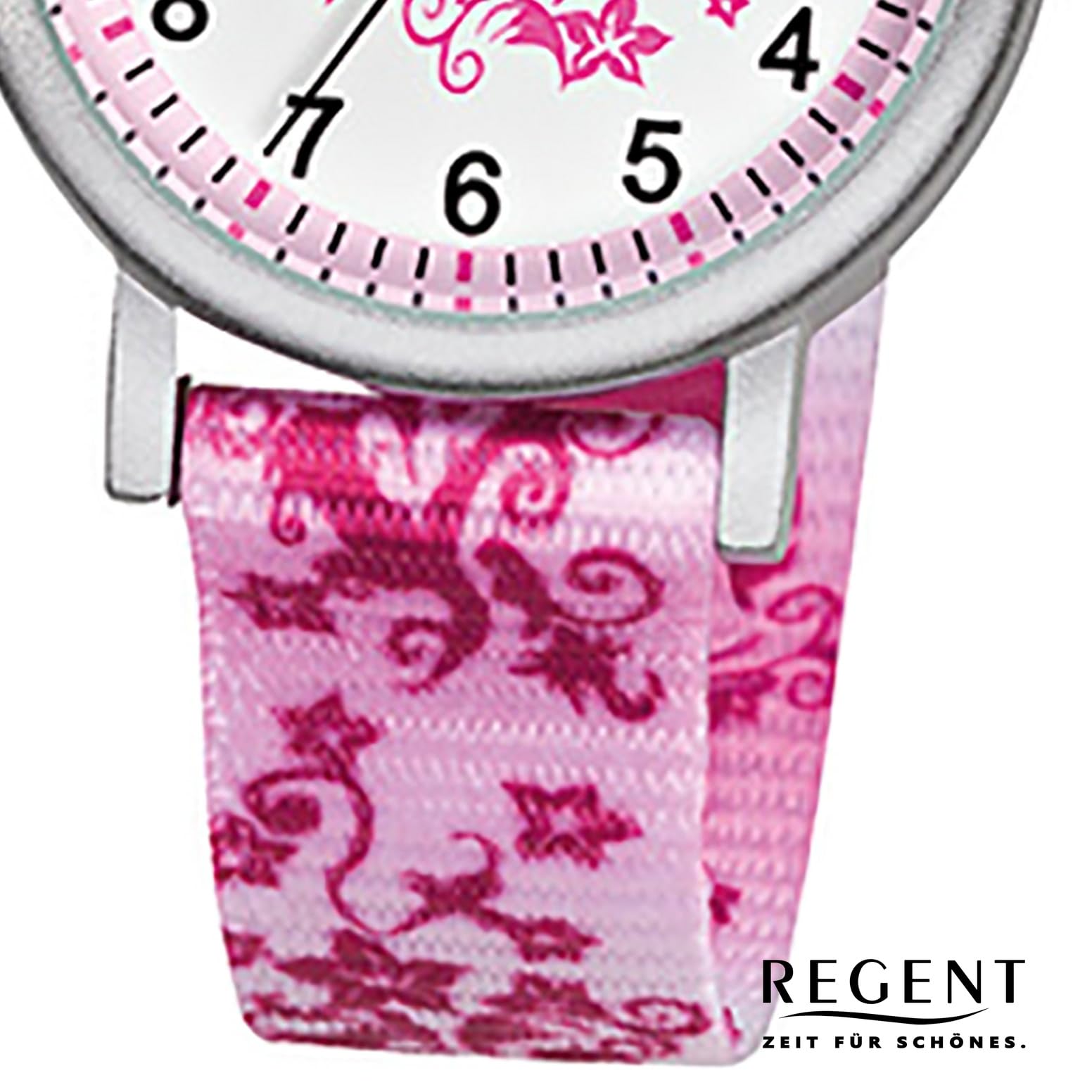 REGENT Kinder-Armbanduhr rosa pink weiß Analog F-727 Textil-Armband URF727 Analoguhr