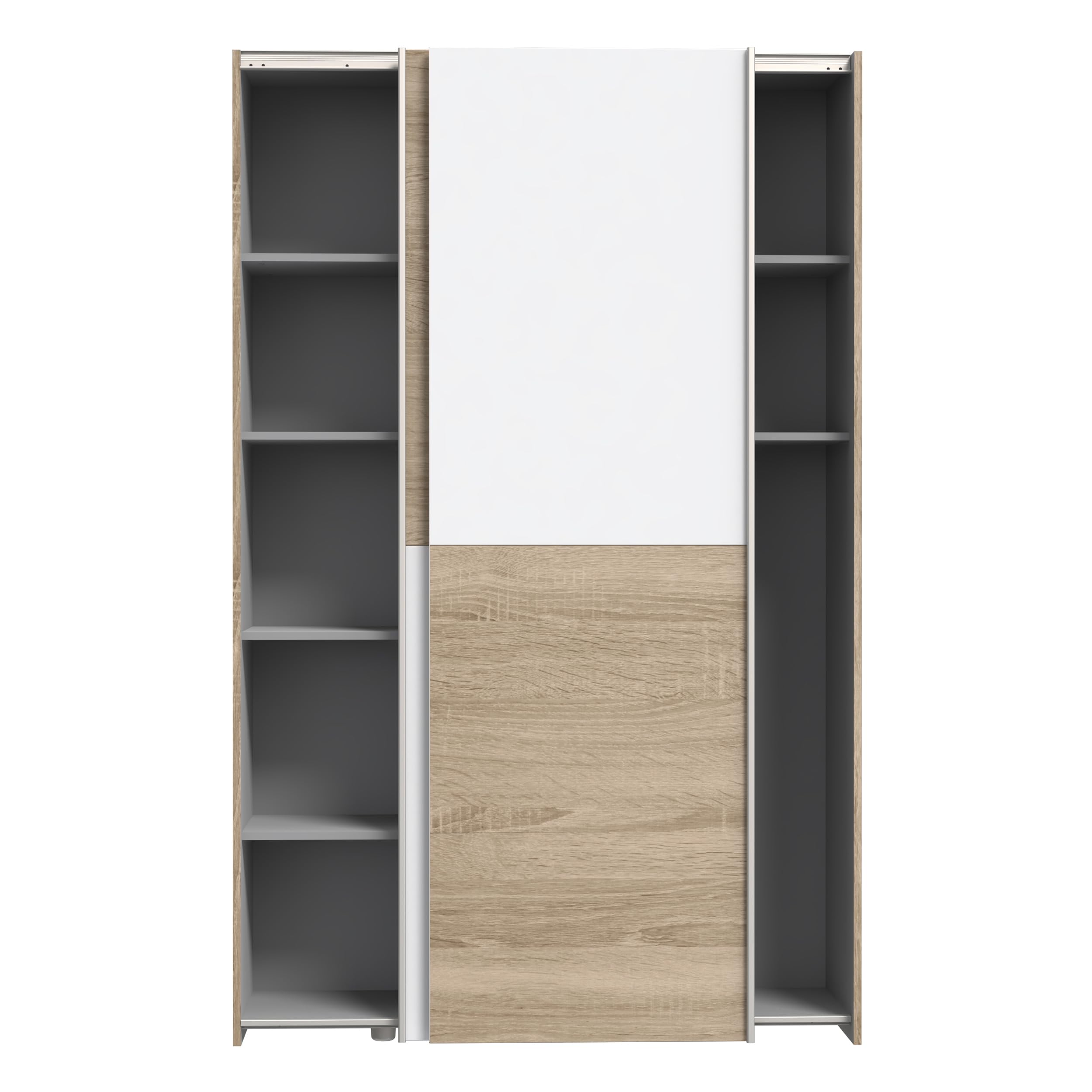 Forte OZZULA Kleiderschrank 120, 2-türiger Schwebetürenschrank, Einlegeböden und Kleiderstange, Holzwerkstoff, Sonoma Eiche Holzdekor, Weiß, 120,1 cm breit, 190,5 cm hoch, 41,6 cm tief