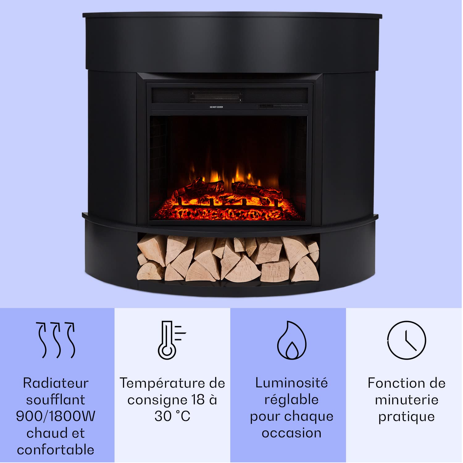 Klarstein Cheminée Electrique d'Intérieur, Chauffage Electrique de 1800W, Fausse Cheminée Decorative avec Effet Flamme en LED, Télécommande Inclus, Programmable, Minuterie, Thermostat Réglable