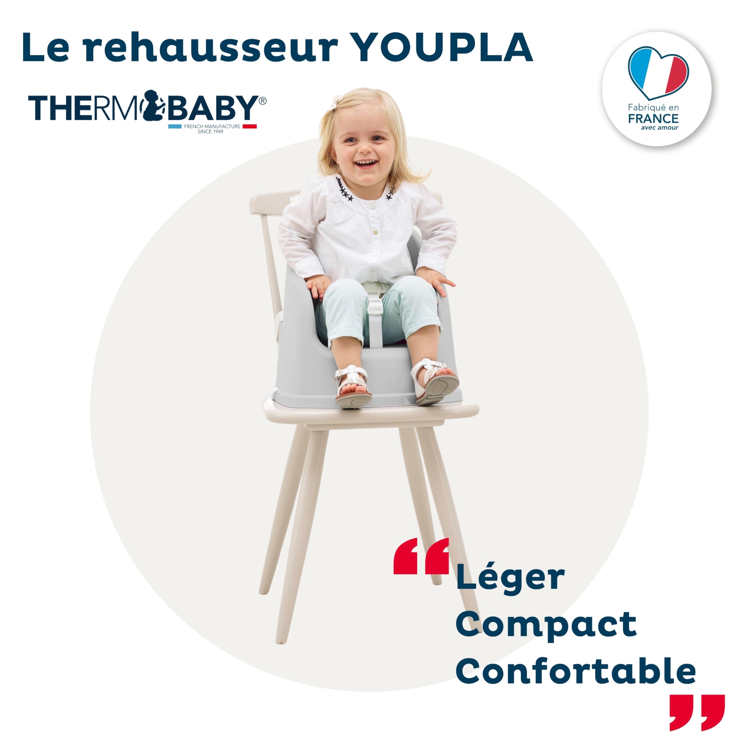 THERMOBABY - Rehausseur De Chaise YOUPLA - De 6 Mois À 3 ans - Tablette Amovible - Léger - Compact- Gris Velours - Fabriqué en France