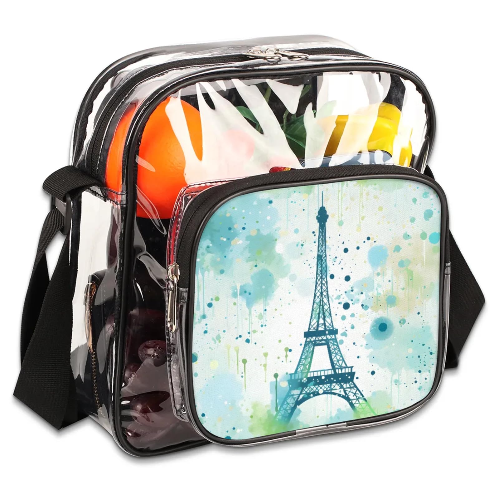 Clear Crossbody Bag Stadium Approved Eiffel Tower Transparent Bag for Festivals, Sports Events, Concerts,Beach Bag for Women Men Clear Purse with Front Pocket Messenger Bag with Adjustable Strap