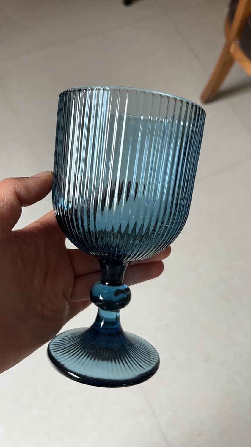 Taganov Blue Glasses Drinking Water Goblets set of 6 Big Vintage Glassware 13oz Colored Wine Glasses for Wedding Party Bar Vertical Line Embossed Pattern Stemmed Cups 400ml
