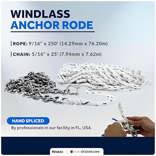 Vista 53 de Five Oceans Windlass Anchor Rode y cadena, cuerda de anclaje empalmada a mano y kit de cadena, cuerda de nailon de 3 hebras, cadena de acero