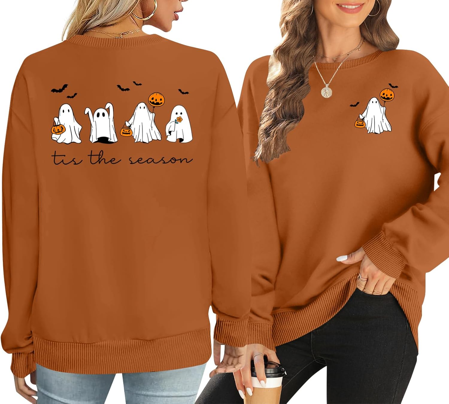Halloween Sweatshirt for Women: Spooky Season Sweatshirt Pumpkin Ghost Graphic Long Sleeve Pullovers Tops - Image 2