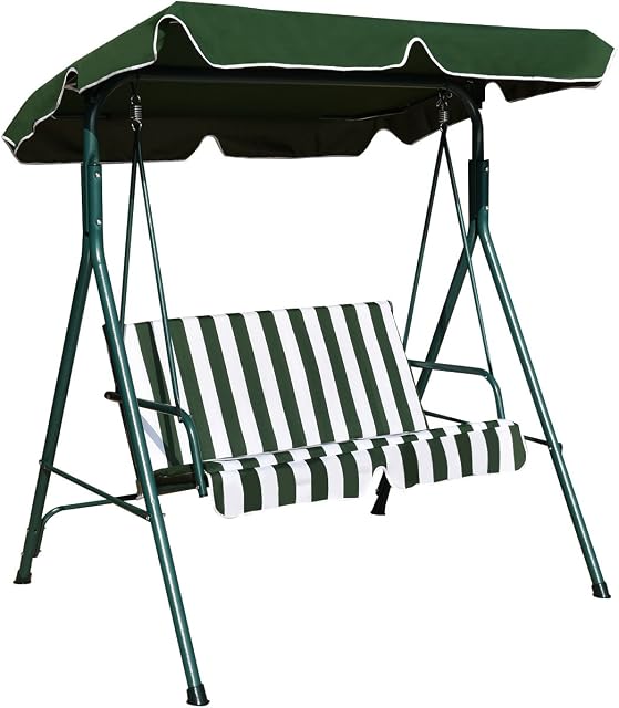 COSTWAY 2 Seaters Garden Swing Chair, Outdoor Indoor Canopy Powder Coated Steel Cushioned Seaters, Patio Metal Hammock Swinging Bench Lounger Seat, 180KG (Green)