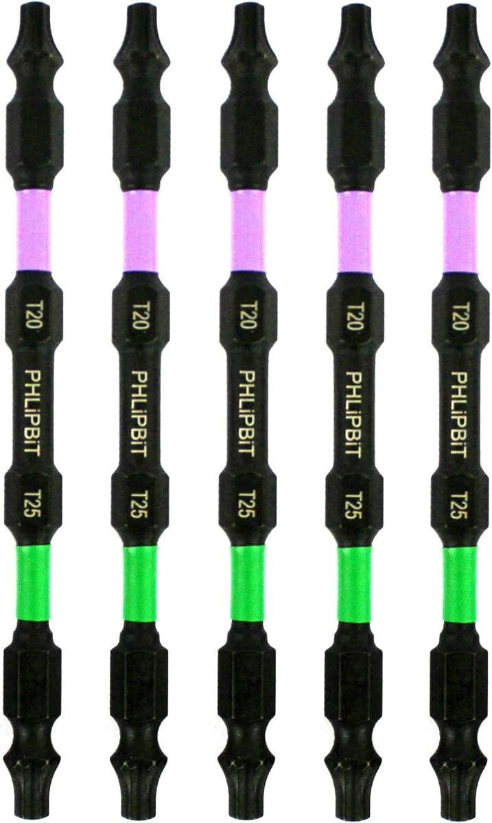 ORiGiNAL - T20+T25 IMPACT BIT, 4 INCH, 5pk. Double End+Double Duty, USA-4T20T25X5 (PINK/LIME GREEN Drives #20+25 Torx/Star/GRK Screw) Fits "ULT" MULTi Screwdriver