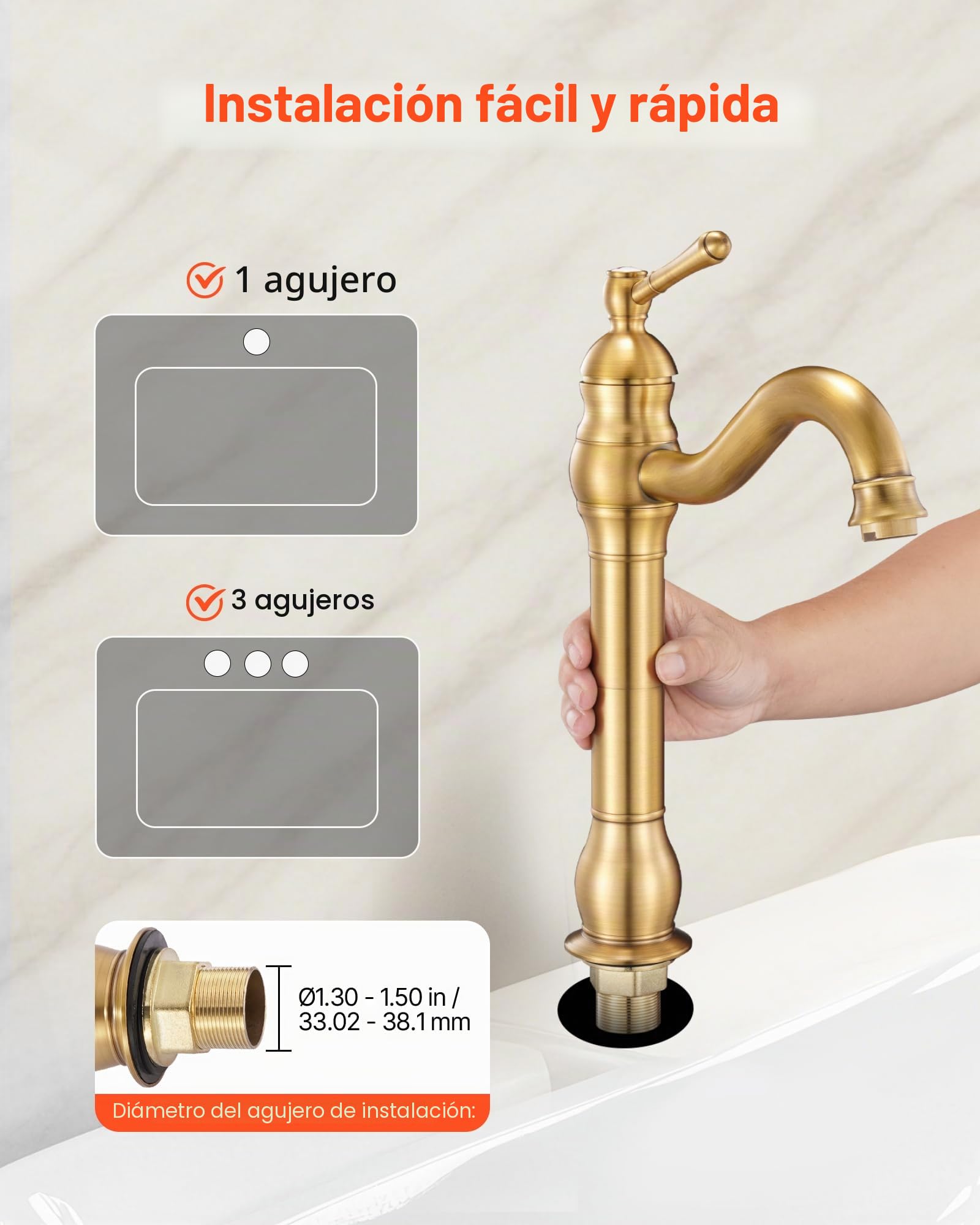 VEVOR Grifo Monomando para Lavabo con Botón Pulsador, Grifo para Fregadero de Cocina, Mezclador Monomando para Baño, Fregadero de Caravana, Carcasa de Latón, Dorado Antiguo, 395 x 220 x 62 mm