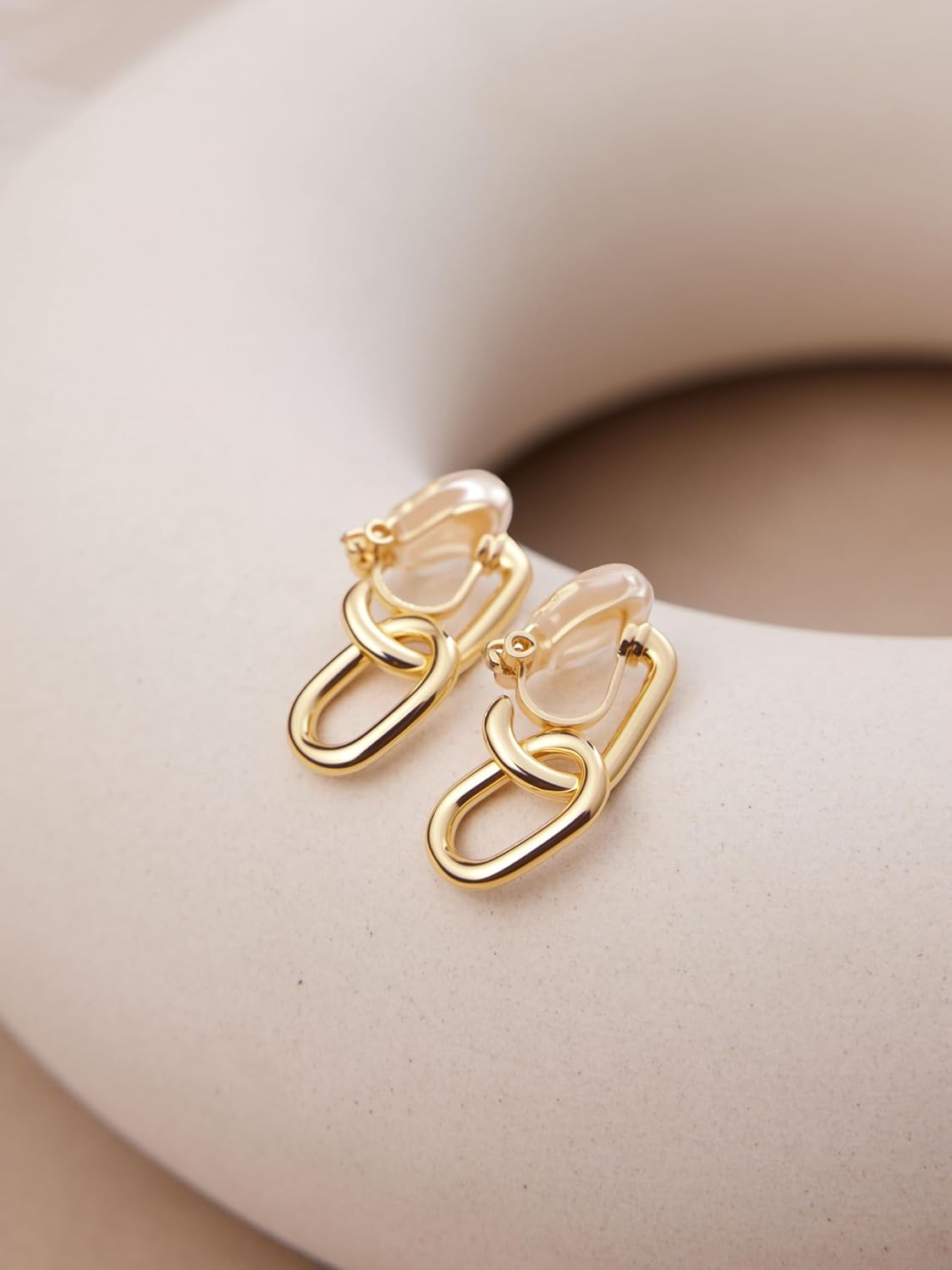 FAN&LOUIS 24K Gold Plated Clip On Earrings for Women, Gold Chain Link Drop Dangle Double Hoops Hypoallergenic Trendy Lightweight Clip-On Earrings for Non-Pierced Ears - Image 2