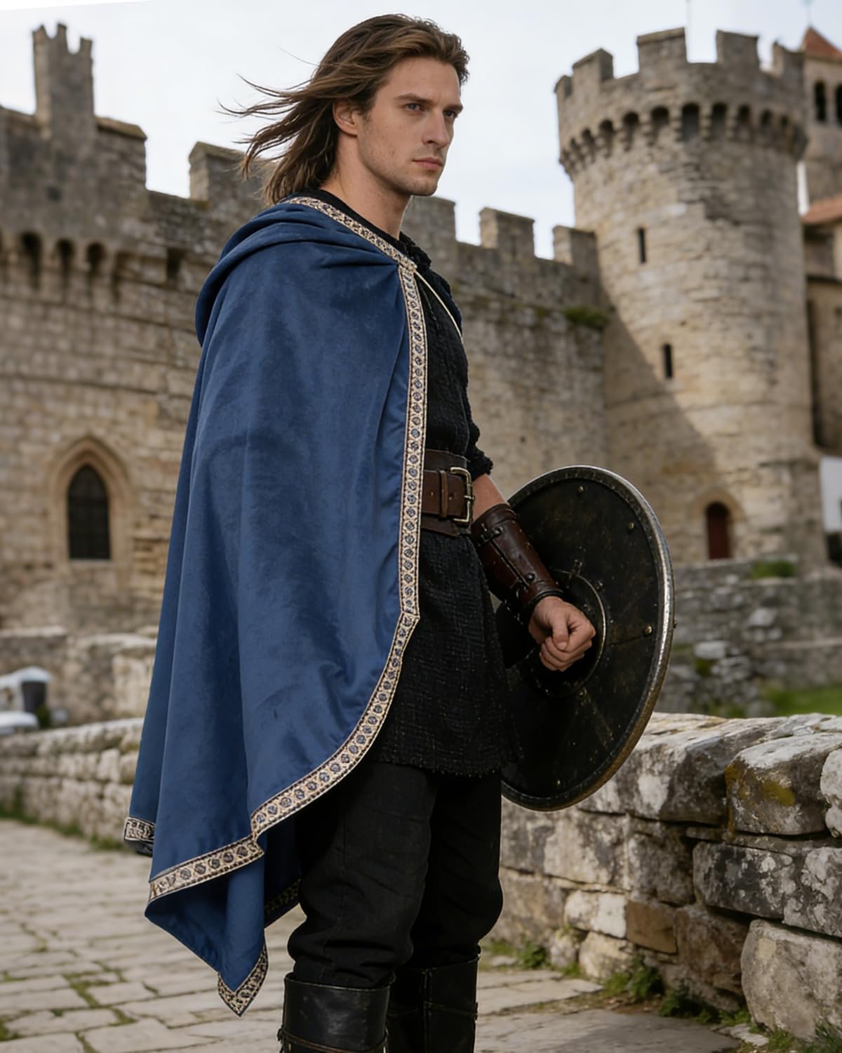 L'VOW Velvet Half Shoulder Cloak - Men's Medieval Knight Cape Samurai Ranger LARP Halloween Renaissance Costume