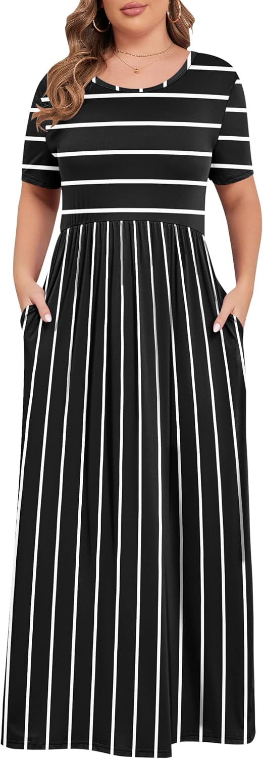 KARALIN Women’s Plus Size Maxi Dresses for Curvy Women Summer Casual Short Sleeve 2026 Long Dress 14W-26W