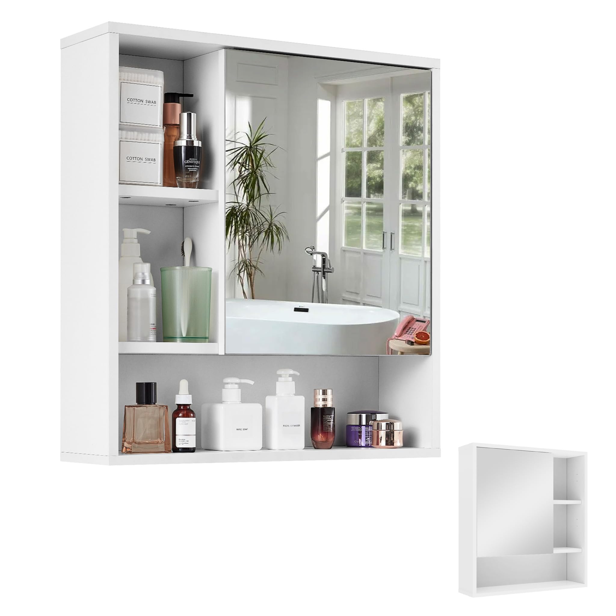 Hang Draaibare MDF hoge kast met spiegel en opslag alcoves, hout, wit, 30 x 17,5 x 169,5 cm