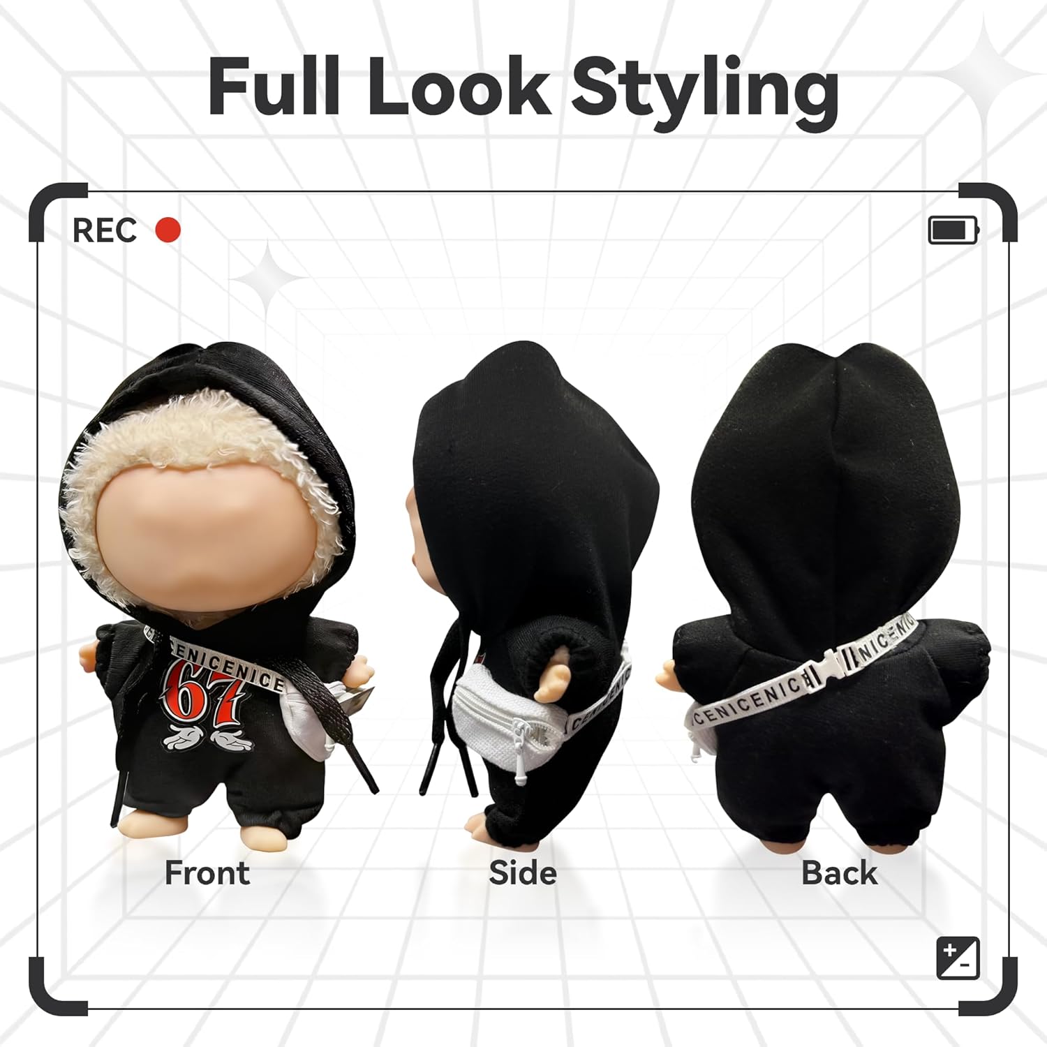 Street Style for LABUBU Clothes or LABUBU Outfits, 6-7 Graphic Hooded Romper with Fanny Pack,Streetwear Clothes for Collectible Dolls,Street Style Hoodie Outfit