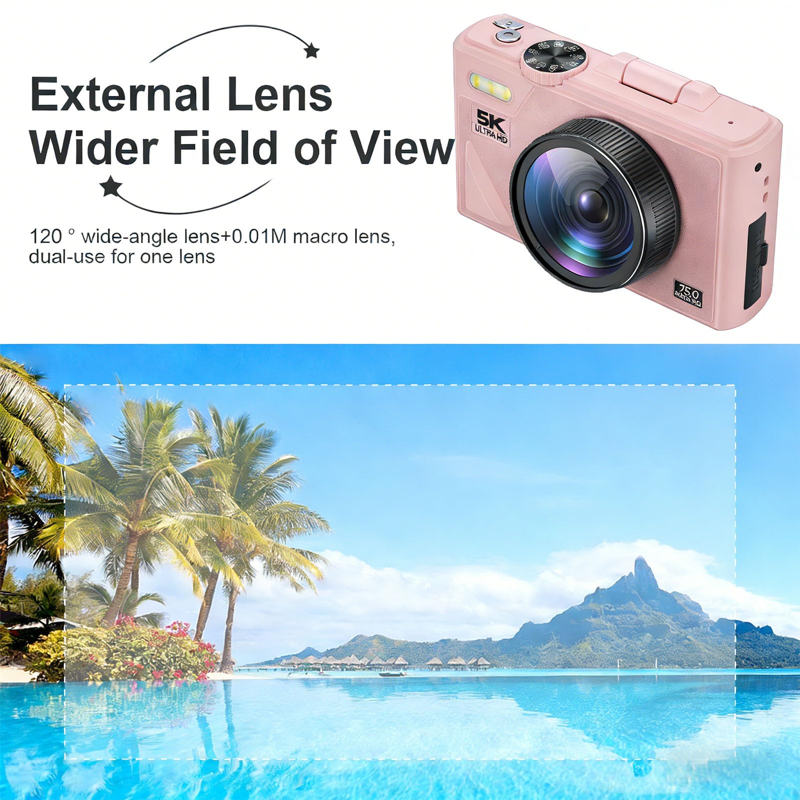 XUMIUZIY Fotocamera Digitale 5K, Fotocamera Mirrorless Ultra HD da 75 MP con Zoom 18X e Messa a Fuoco Automatica con Schermo Flip da 3 Pollici, Supporto per Digitale retrò (Rosea)