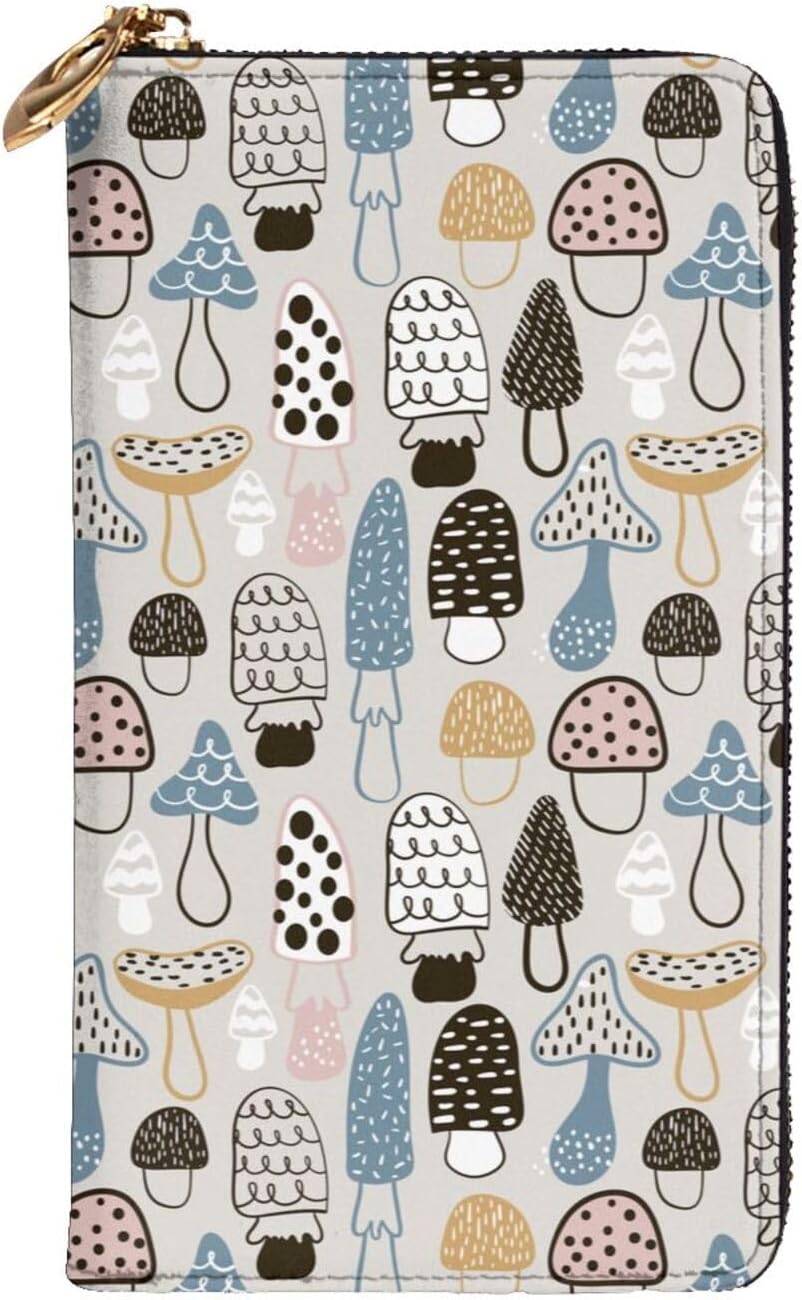 [NEKKII] きのこ柄 キノコ しいたけ 長財布 携帯に便利 レザー ウォレット 多機能 メンズ レディース 革 財布 現金 カ