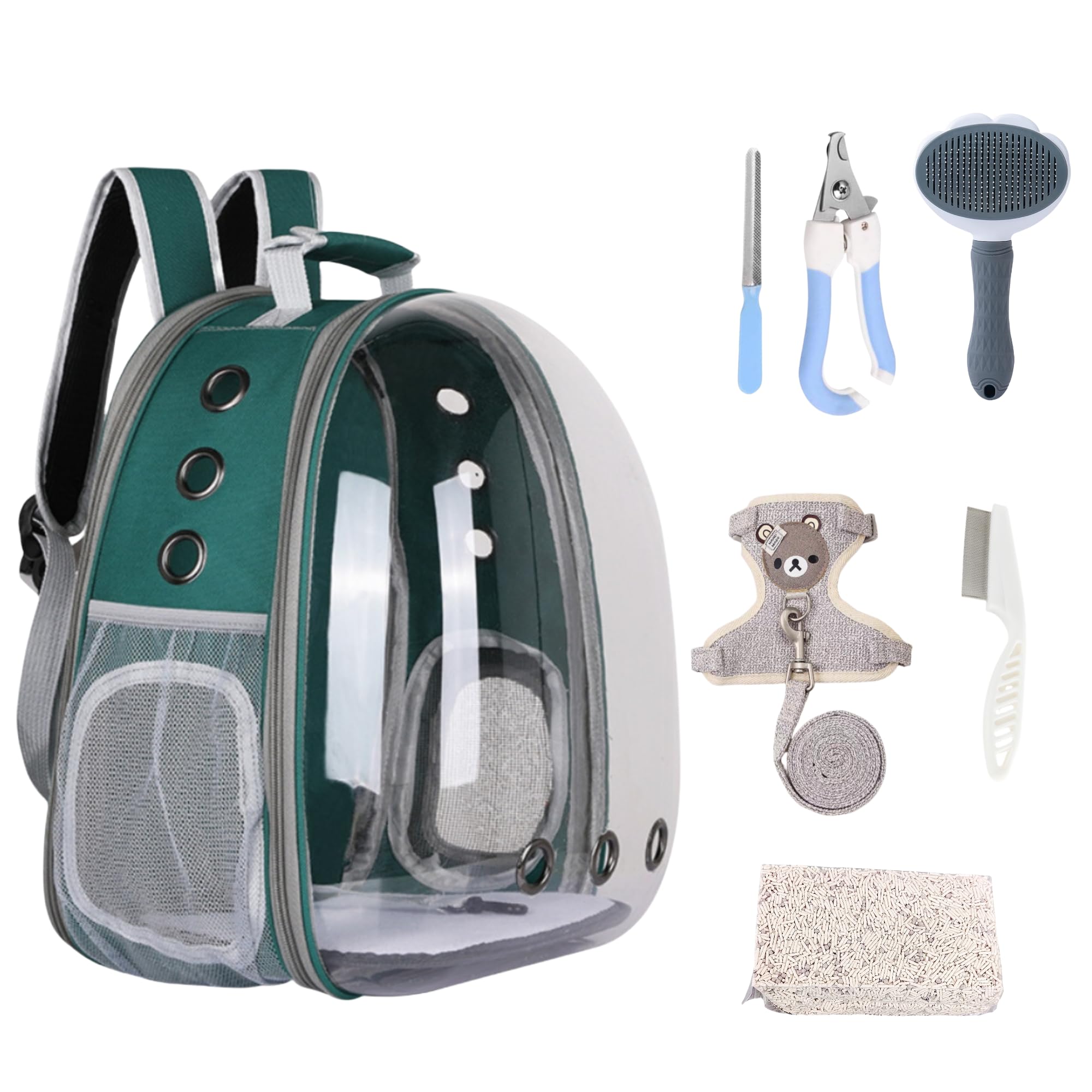 Sac à Dos pour Chat Bulle de YoiQi-Un Sac à Dos pour Animaux de Compagnie en Forme de Cabine Spatiale Transparente-Est Fourni avec 5 Accessoires pour Prendre Soin du Chat (Verte)
